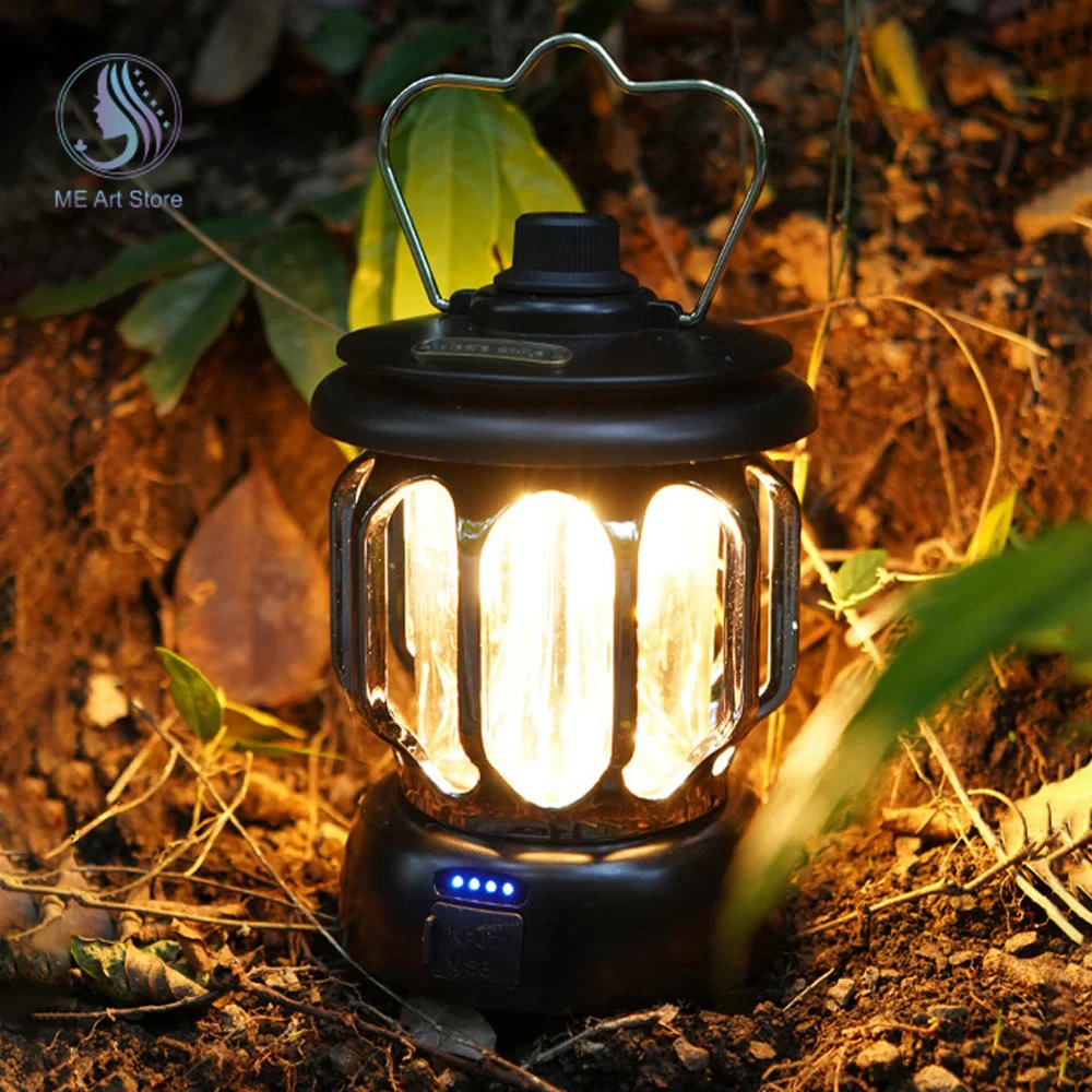 Outdoor LED Camping Light Retro Hanging Camping Lamp Lantern Rechargeable Retro Tent Lamp Fishing Travel Lighting Equipment