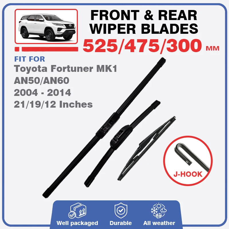 

For Toyota Fortuner MK1 AN50 AN60 2004 - 2014 Front Rear Windshield Wiper Blade Windscreen Brush Rubber J Hook Refill 21"19"12"