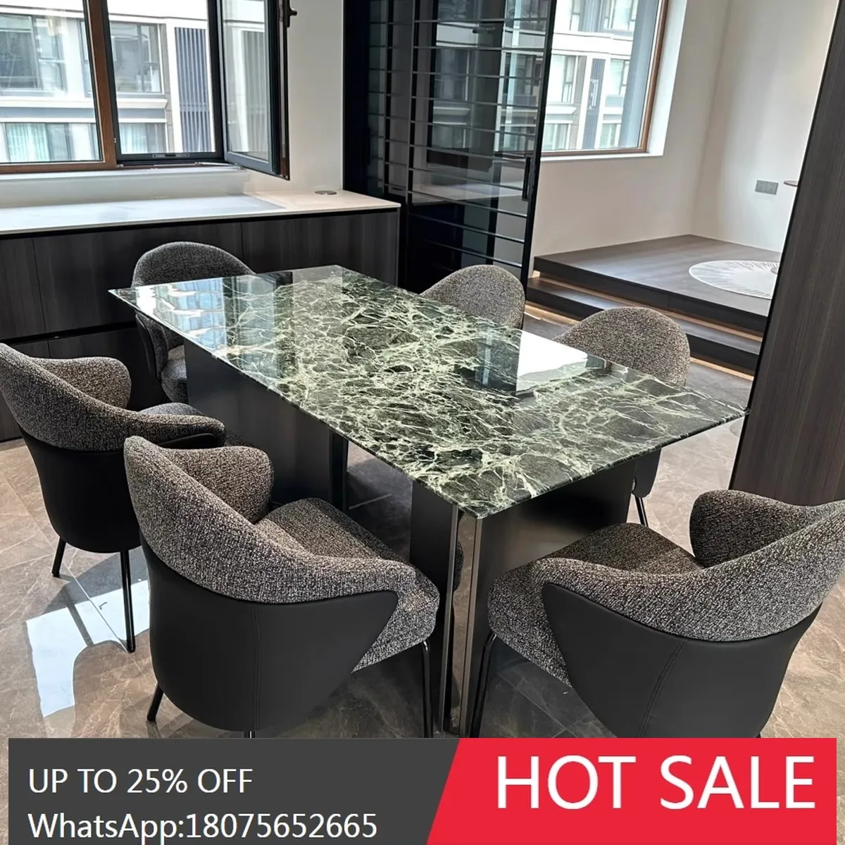 

HLZ Italian Style Light Luxury Natural Marble Green Luxury Stone Dining Table High-End Villa Long Dining Table