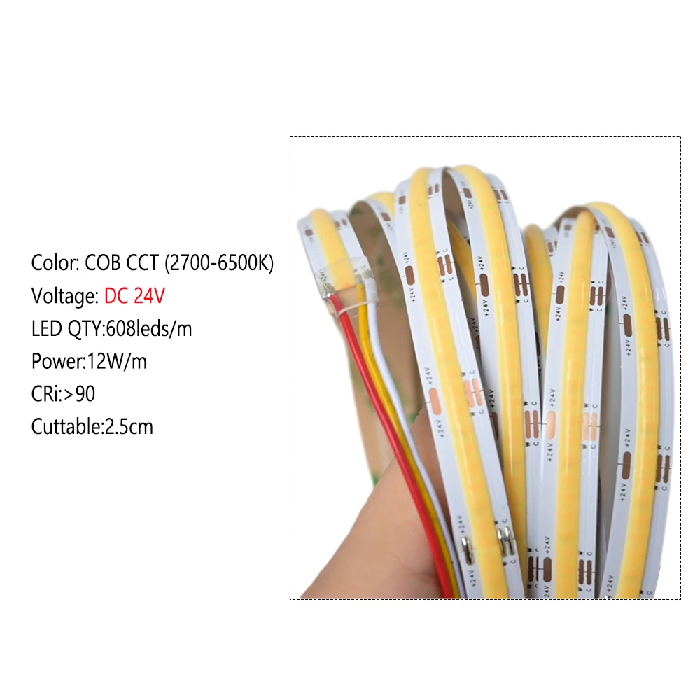 5M 10M 20M COB CCT LED Strip 24V Flexible High Density Dimmable Room Light 2.4G RF Touch Remote Control Dual White 2700K-6500K