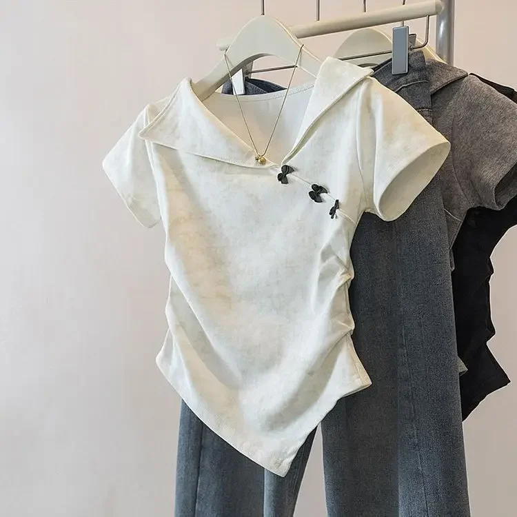 Summer Women's New Solid-color Versatile Waist and Thin Irregular Three-dimensional Bow Diagonal Neck Short-sleeved T-shirt