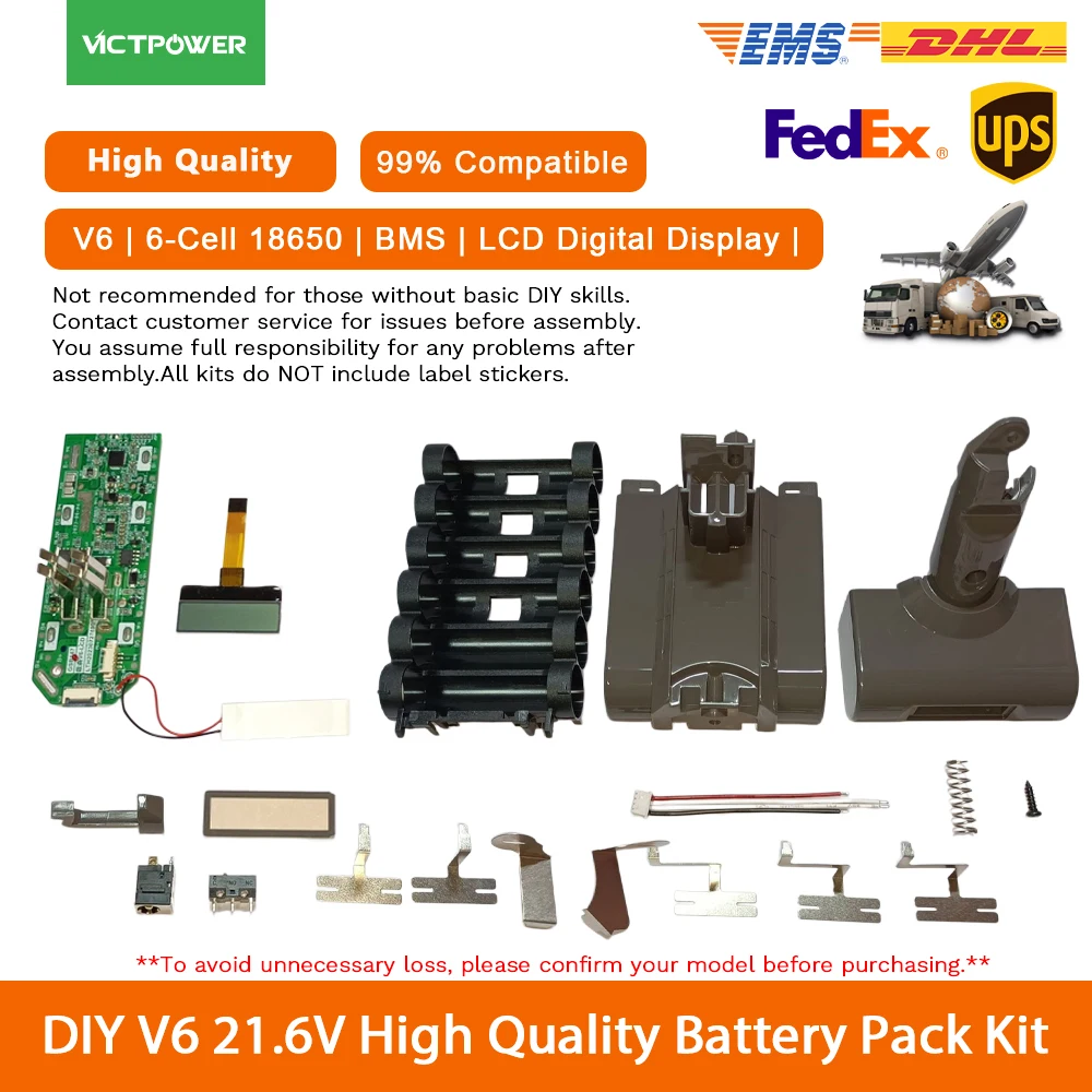 

Комплект аккумуляторной батареи DIY 21.6V 2Ah/3Ah для Dyson V6, 6-элементный, 18650, с BMS и цифровым дисплеем, улучшенный, 99% совместимость
