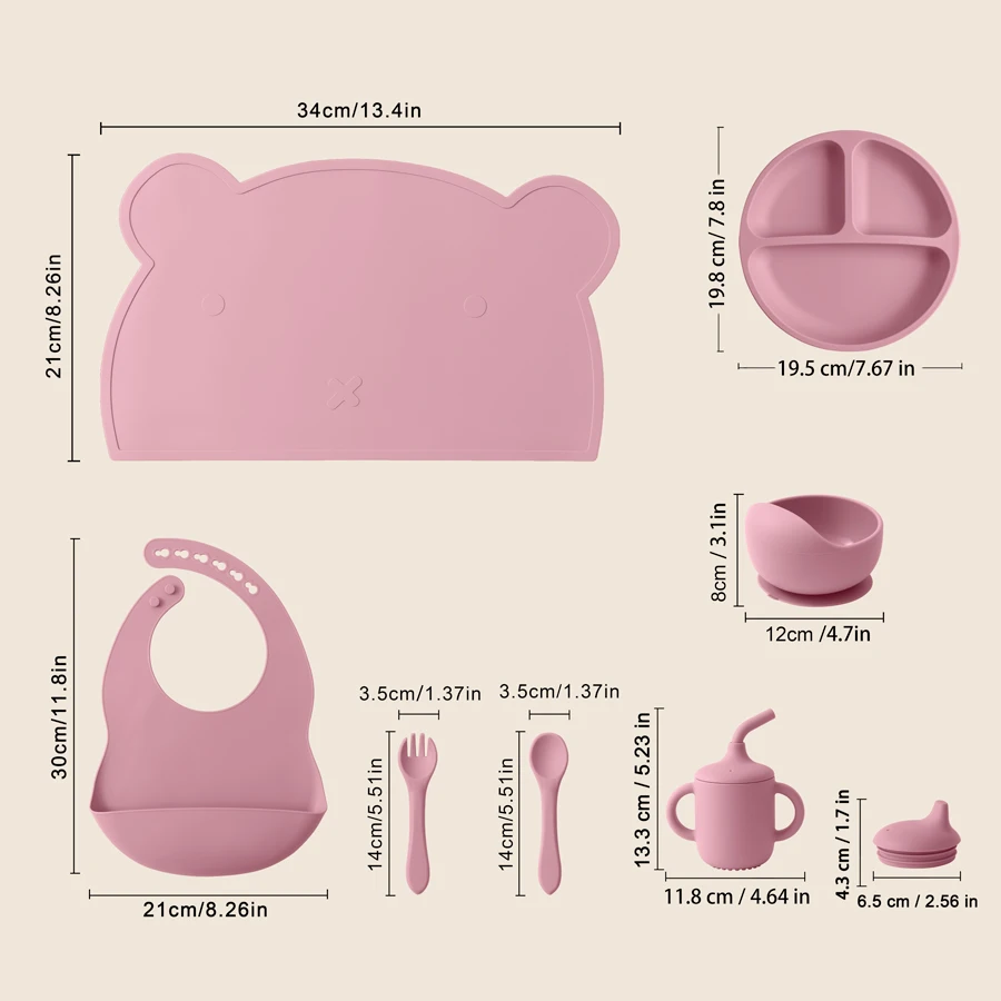 7PCS Baby Silikon Abendessen Set Tragbare Löffel Gabel Nicht-slip Tischset Einstellbare Lätzchen Saug Gerichte Schüssel Reine Farbe schnabeltasse