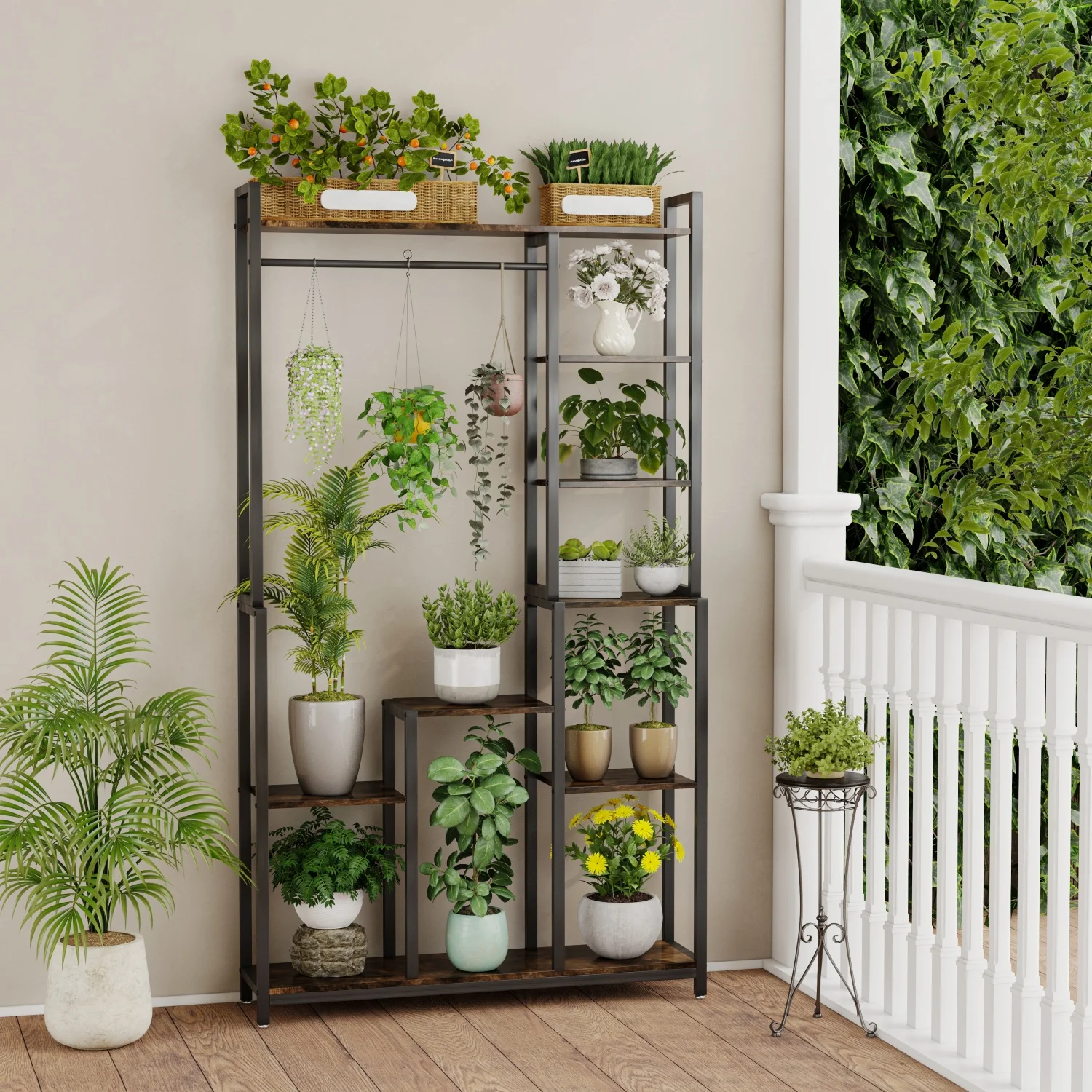 180CM Tall Indoor Plant Stand with Shelves and Hanging Rod Industrial Flower Stand Clothes Rack for Garden, Balcony, Living Room
