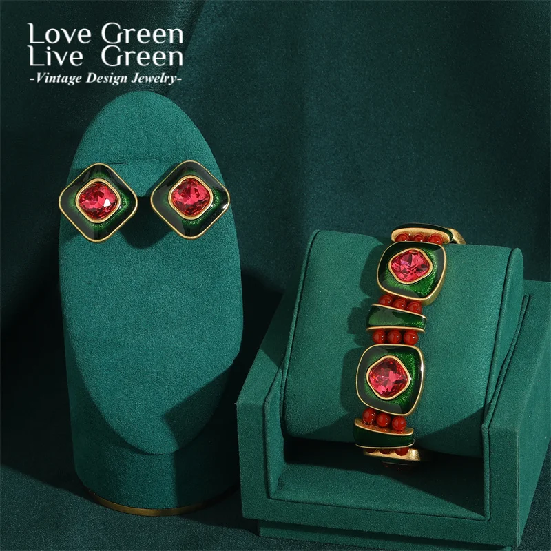 

Vintage Pink Crystal Necklace Earrings Jewelry Sets For Women Wedding Green Christmas Enamel Chris Choker Bead Luxury 2025 New