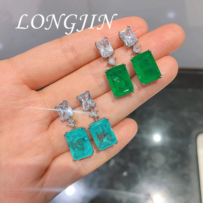 

2024 New In Square Paraiba Tourmaline Lab Diamond Drop Tassel Earrings for Women Jewelry Cocktail Party Wedding Anniversary