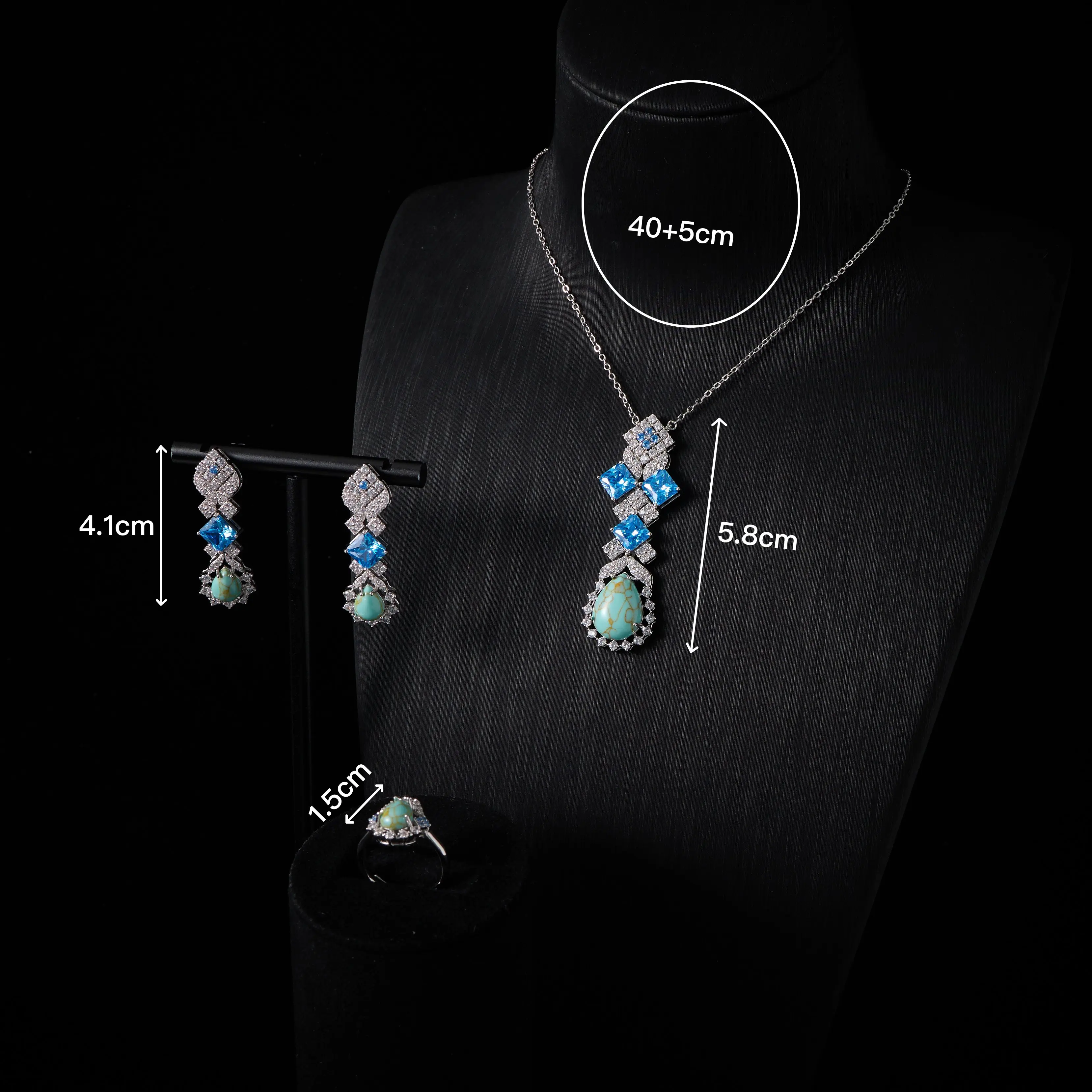 00019 Trendy Jewelery Set for Women Turquoi Necklace Set Cubic Zirconia Necklace /Earrings /Ring Bridal Party Accessory