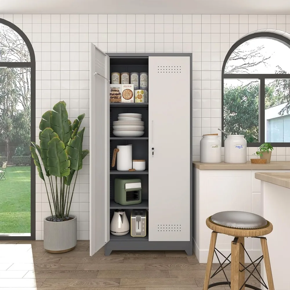 خزانة أدوات معدنية طويلة مع أرفف وقضيب تعليق وباب قفل لتخزين المكنسة #2