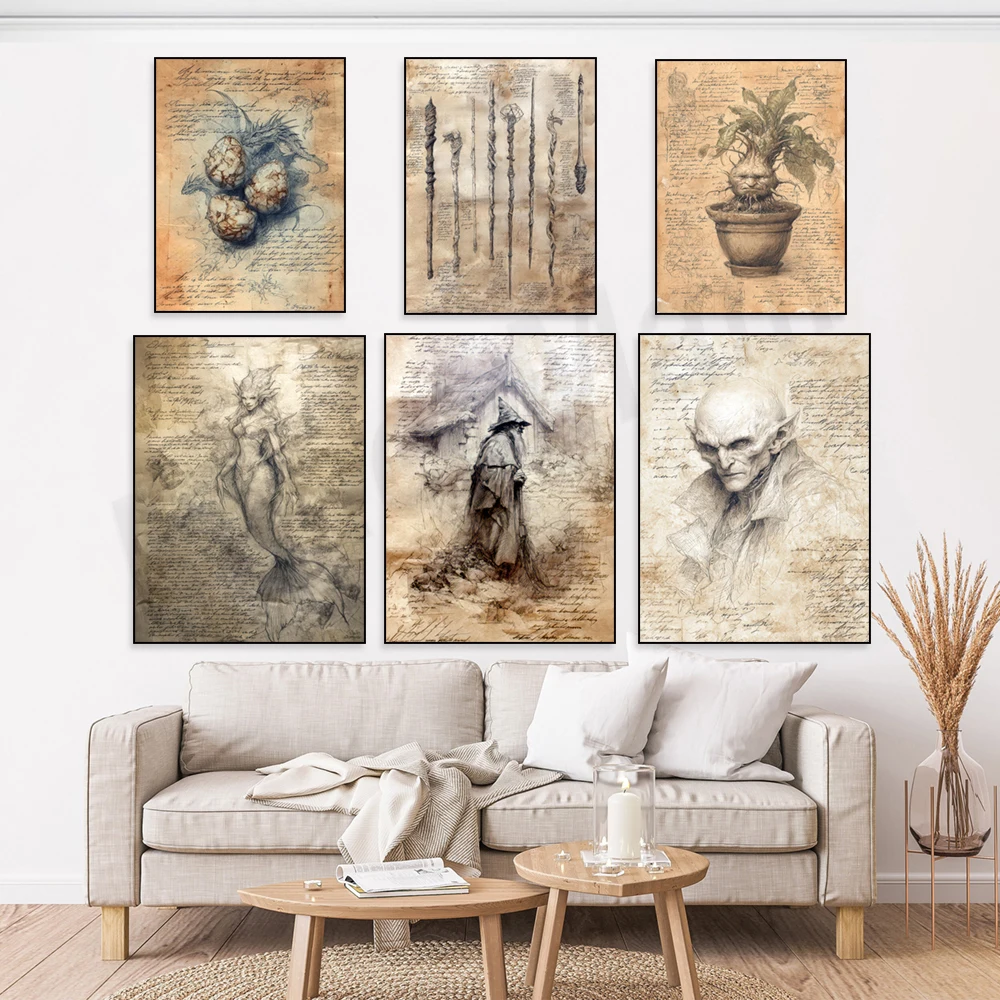 صفحات كتاب تعويذة الساحرة، مخلوقات سحرية، عصا ساحرة، يد زومبي، ساحرة، صفحات كتب سحرية عتيقة للهالوين ملصق أكاديمي داكن