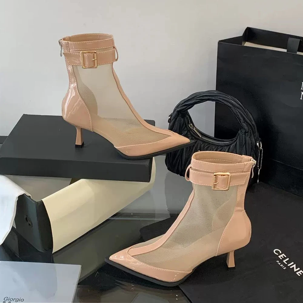 إمرأة عودة زيبر عالية الكعب مغلق أشار تو براءات الاختراع والجلود شبكة الكاحل الجوارب خنجر الكعوب أحذية الصيف لحفلة التاريخ