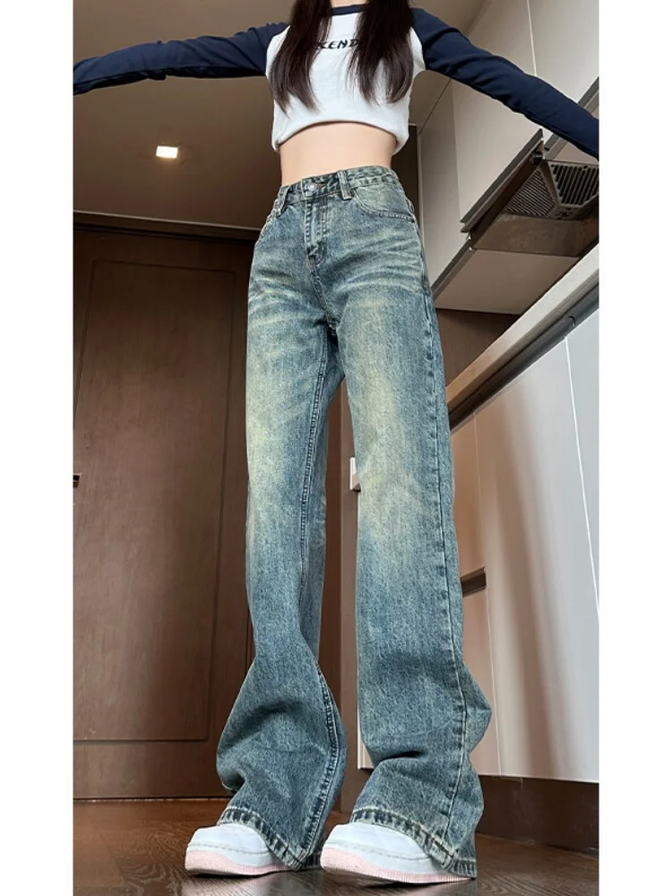 

Ретро-джинсы синего цвета с эффектом потертости и узором «усы», мужские, осенне-зимние, в американском уличном стиле, с эффектом удлинения ног, прямого кроя