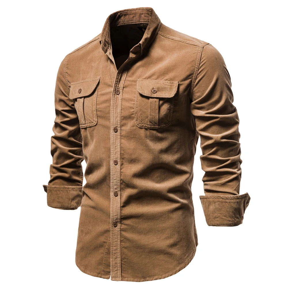 2021 Nieuwe Single Breasted 100% Katoen Heren Shirt Business Casual Mode Effen Kleur Corduroy Mannen Shirts Herfst Slanke Shirt mannen