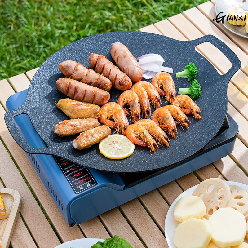 GIANXI Grill Pan Korean Round Non-Stick Barbecue Plate Outdoor Travel Camping Frying Pan Barbecue Accessories