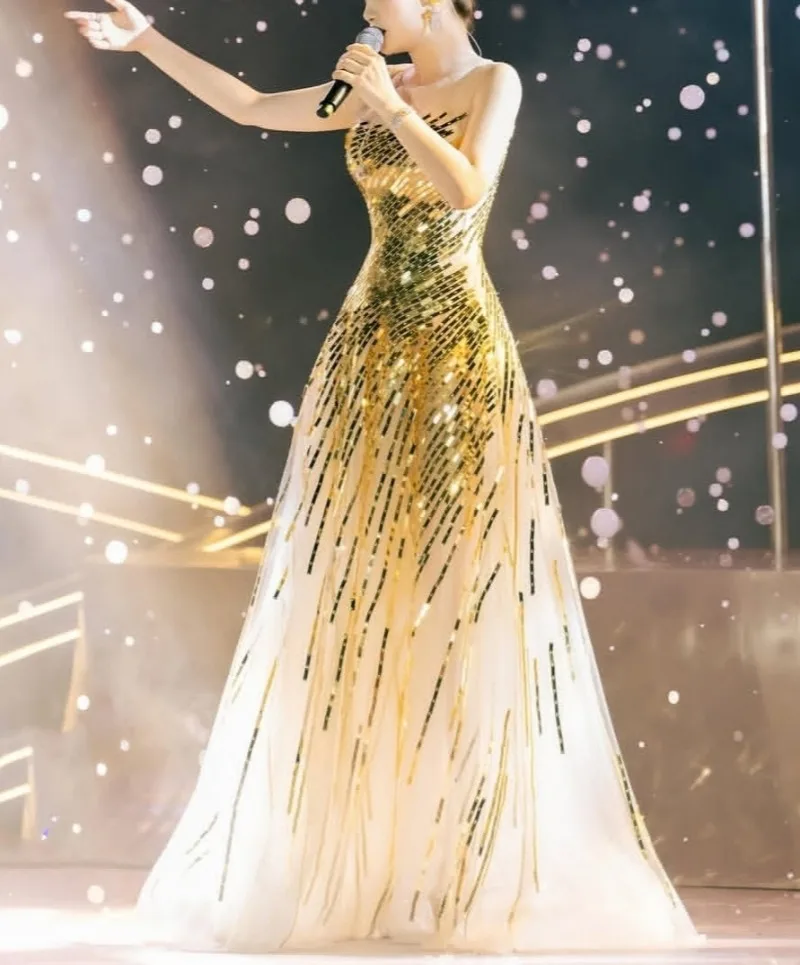 Customized Ruimng Gold Ombre Sequin Mermaid Evening Dress Strapless Gradient Tulle Stage Performance Formal Prom Gown