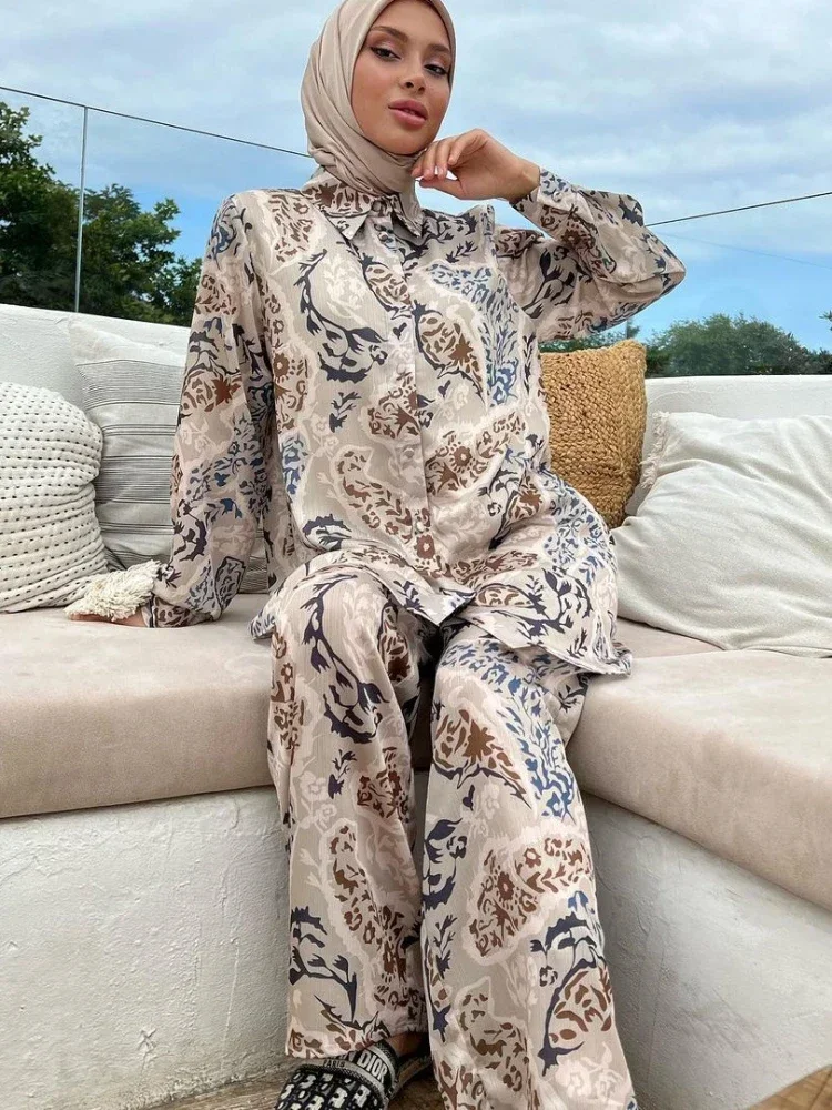 New Arrivals Women's Spring Autumn Blouse Fashion Muslim Sets Long Sleeve Turkish Pants Abaya Print Islamic Clothing 2PCS Outfit