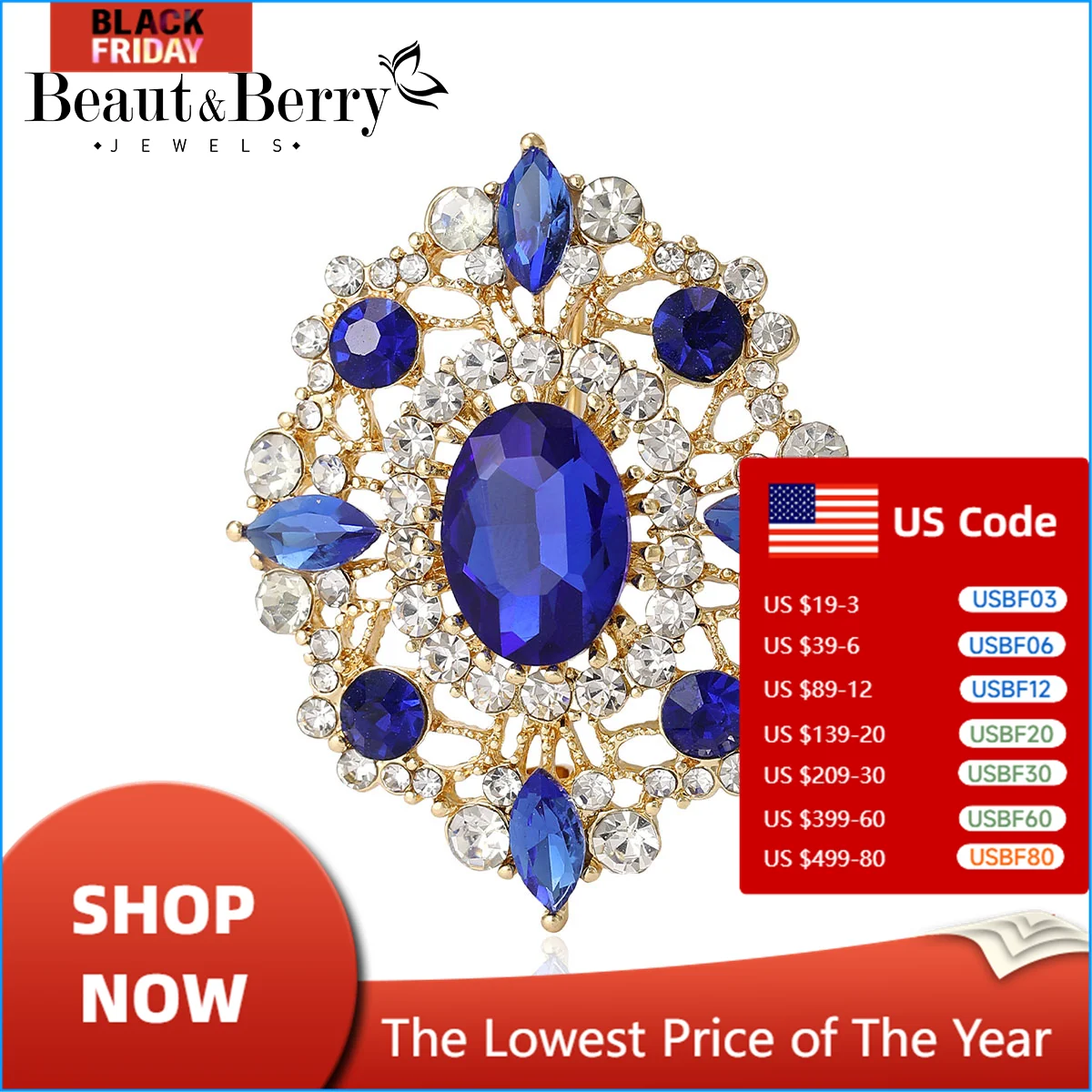 Beaut&Berry Luxury Palace Style Rhinestone Flower Brooches 6-color Women's Dress  Office Party Casual Pins Accessories Gifts