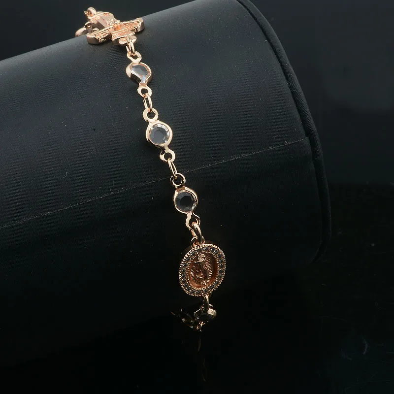 2 Color Women 585 Rose Gold Color White Colorfuly Stone With Cross Oval Wristband Bracelet Link Chains