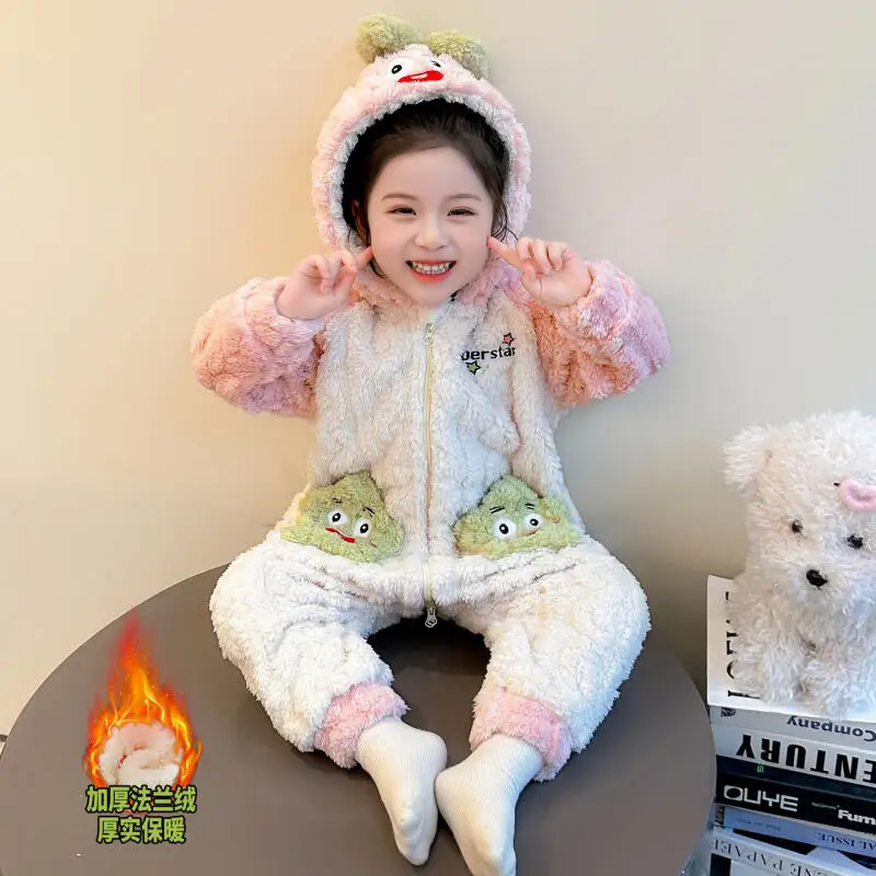 

Kawaii/теплые пижамы из кораллового флиса для девочек, студенческие осенне-зимние повседневные утепленные спальные мешки, домашняя одежда, детская одежда