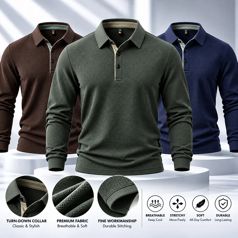 Mens Turn Down Collar Long Sleeve Polo Shirt Waffle Knit Texture Breathable Stretch Soft Fall Solid Color Tops