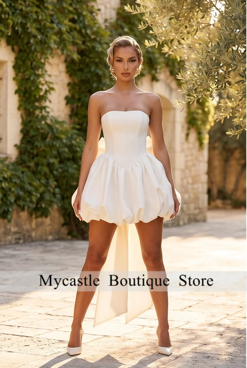 

White Strapless Satin Customized Homecoming Dresses Bubble Hem with Bow Train Mini White Prom Gowns 2026 Cocktail Party Gown