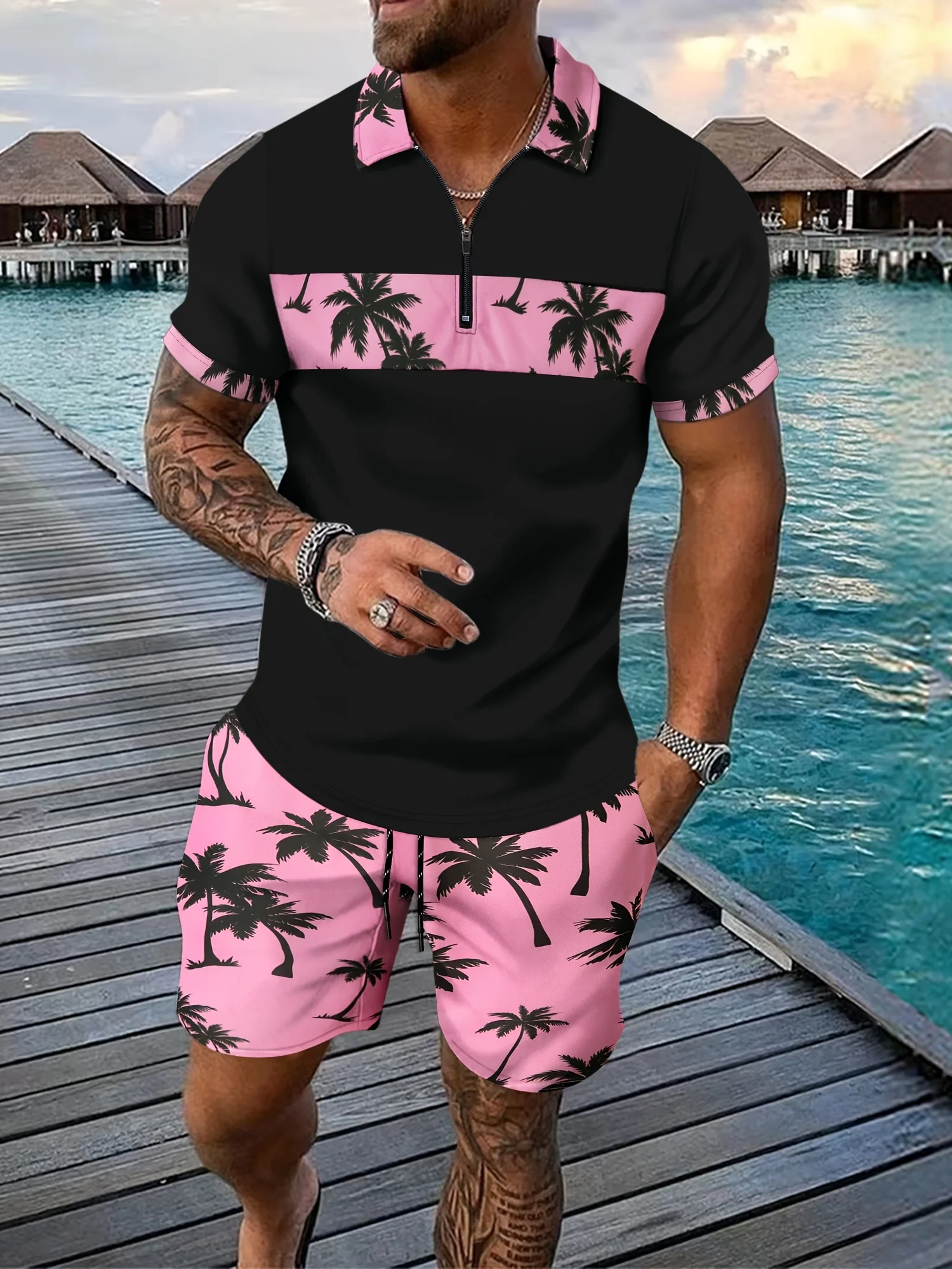 2-piece Men\'s Summer Holiday Style Outfit Set Short Sleeve Zip Golf Shirt & Waist Drawstring Shorts With Pockets Beach Resorts