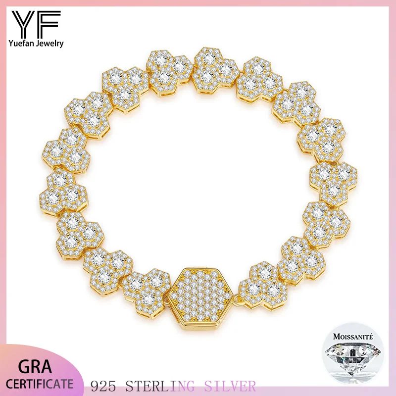 

S925 silver 14MM Moissanite diamond-shaped men's bracelet Hip-hop Cuban bracelet plated with 18K gold, vvs certificate