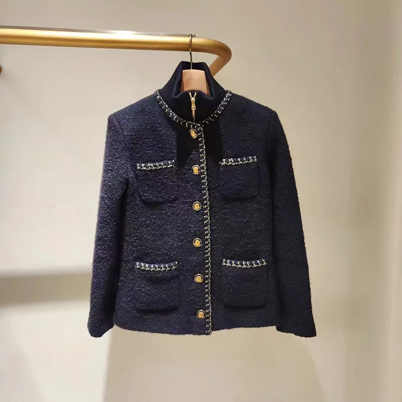 

【Gift Free】2025 French Niche Autumn Winter Chic Mature Ribbed Stand Collar Detachable Round Neck Wool Multi-Pocket Coat