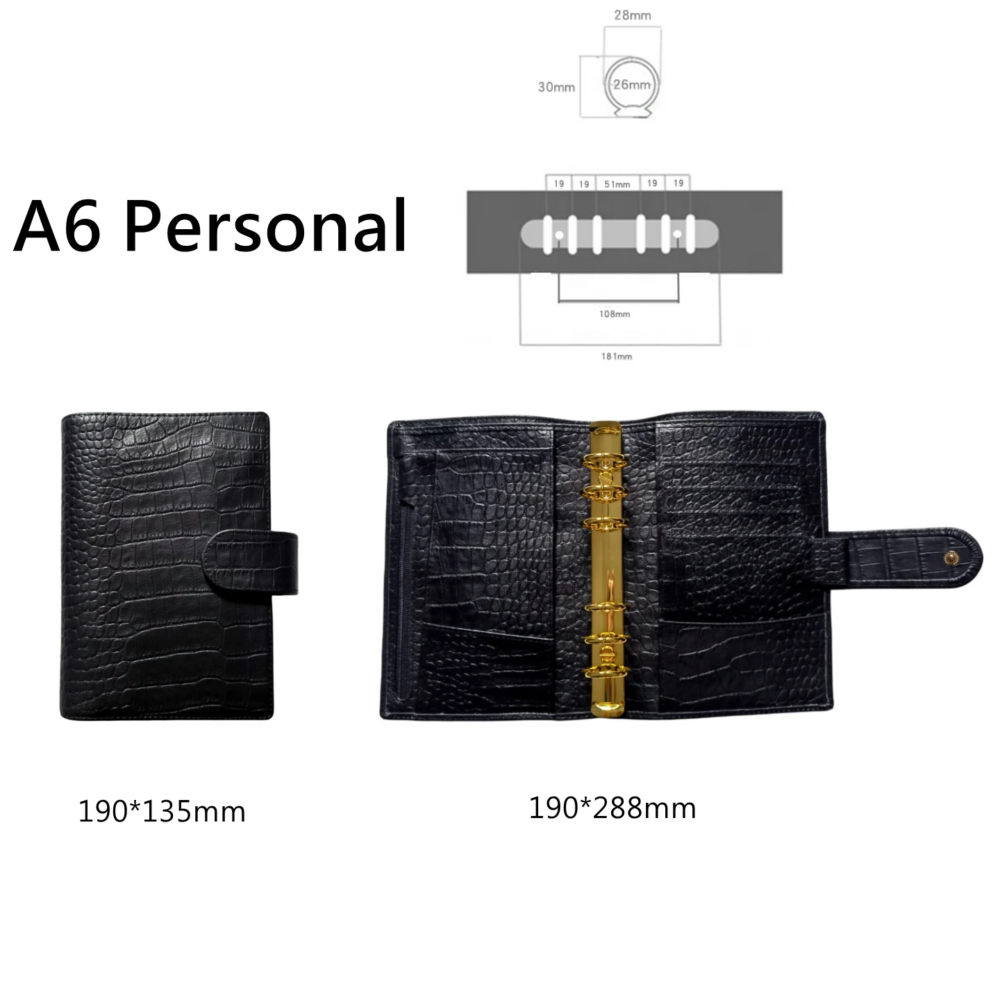 Genuine Leather A6 Personal Notebook Diary Planner Croc Grain 26mm Rings Journal Stationery Notepad Agenda Organizer Big Pocket