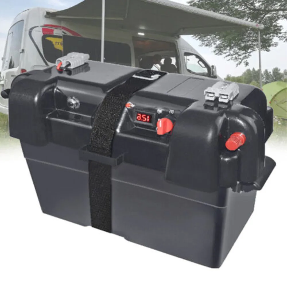 Marine 12V Leisure Battery Carrier Box Portable With 2 X Lighter Sockets, 2X USB