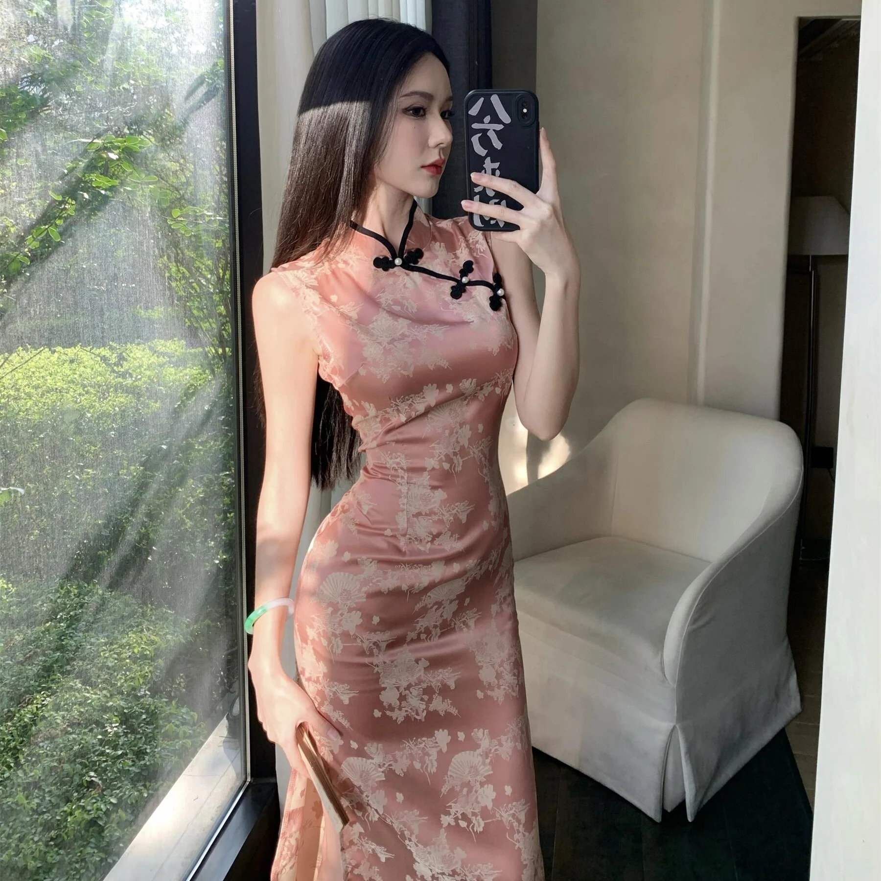 جديد الصينية Sle سليم صالح مثير Svel الأزهار التطريز الحرير الدكتور عالية الخصر منتصف طول ألف خط صورة ظلية للنساء #4