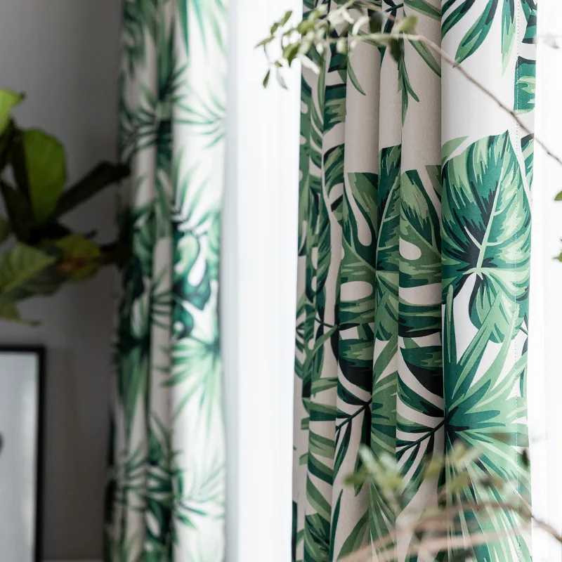 

Nordic Style Green Leaves Modern Simple Polyester Cotton Print High Shading Window Curtains for Living Dining Room Bedroom Home