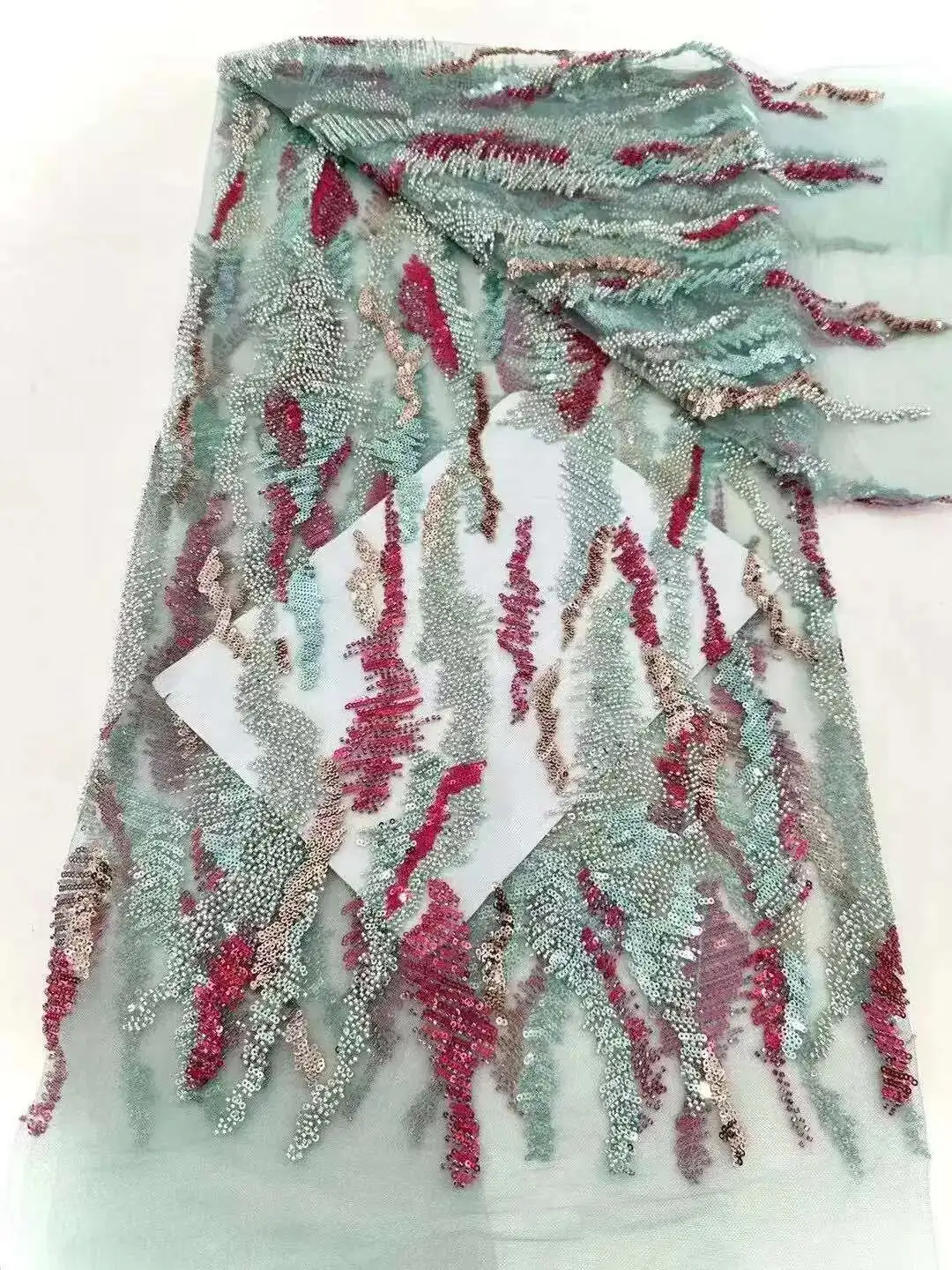 

French Beaded Lace Fabric Blue For Wedding Dresses Luxury Handmade Crystal Beads High Quality Bridal African Sequined Tulle