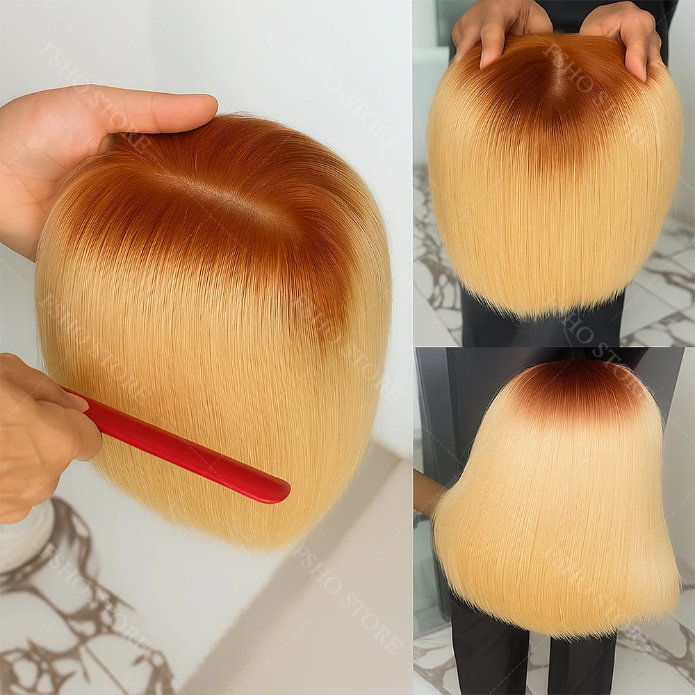 

200% Ombre #4/613 Blonde Short Bob Wig Dark Roots 13x4 Lace Front Highlight Wig Human Hair Blonde Mix Brown Color Human Hair Wig