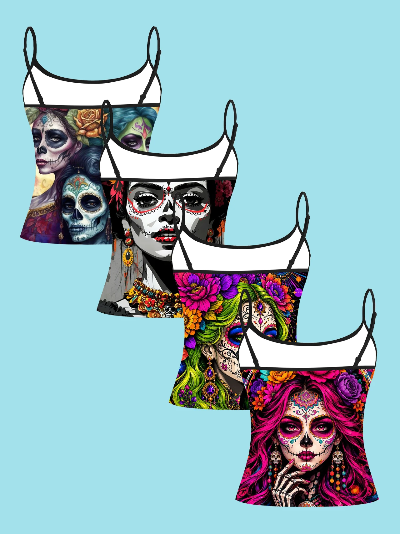 4-Piece Set of Day of the Dead Sugar-Colored Beauty Portrait Floral Print Camisole for Women, Mexican Style Spaghetti Strap Slim-Fit Inner Top