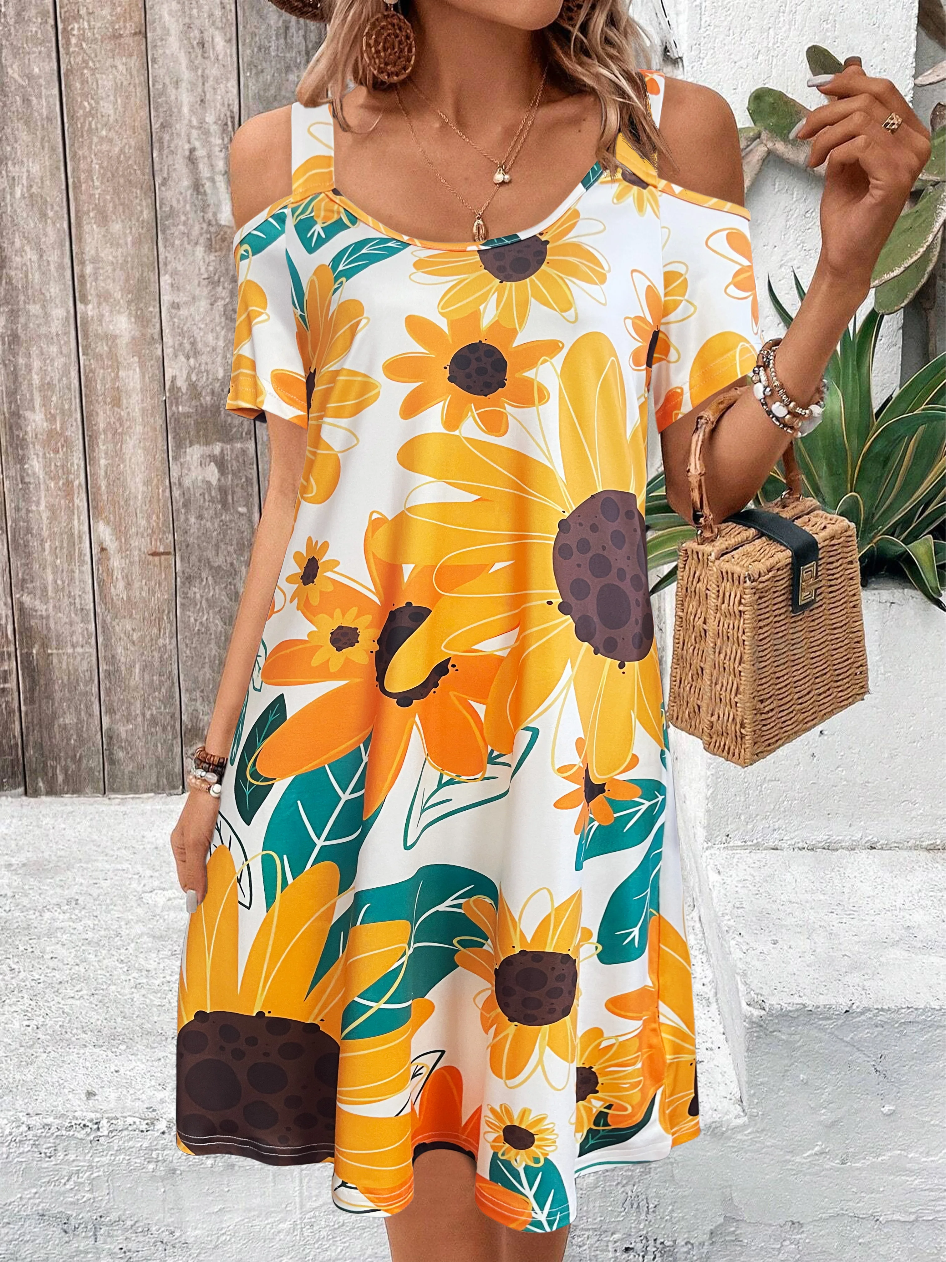 Women's Sunflower Print Cold Shoulder Dress, Summer Casual V Neck Short Sleeve Flowy A-Line Sundress