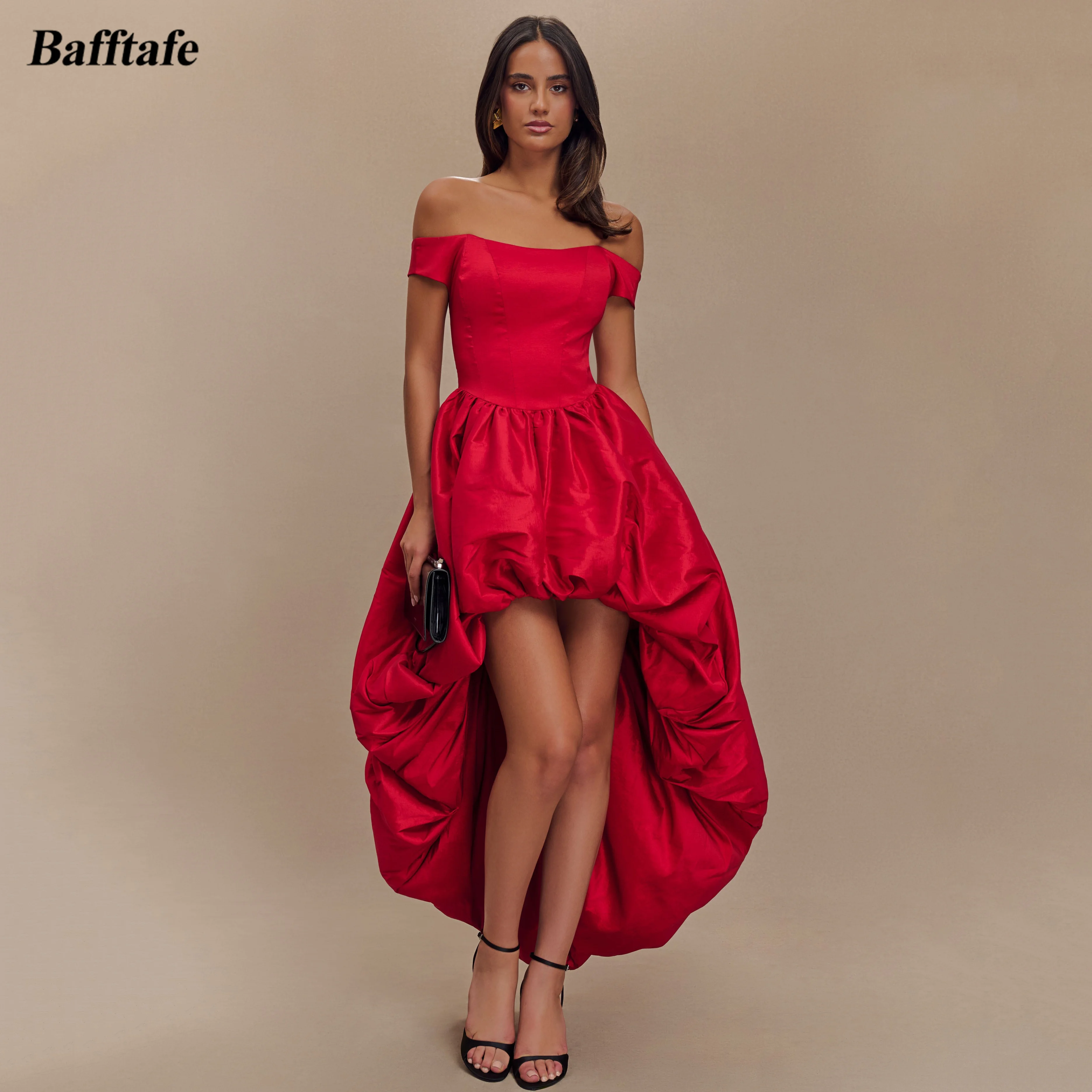 

Bafftafe Красные высокие/низкие платья для выпускного вечера по индивидуальному заказу с открытыми плечами выше колена Женские вечерние платья для торжественных случаев на день рождения