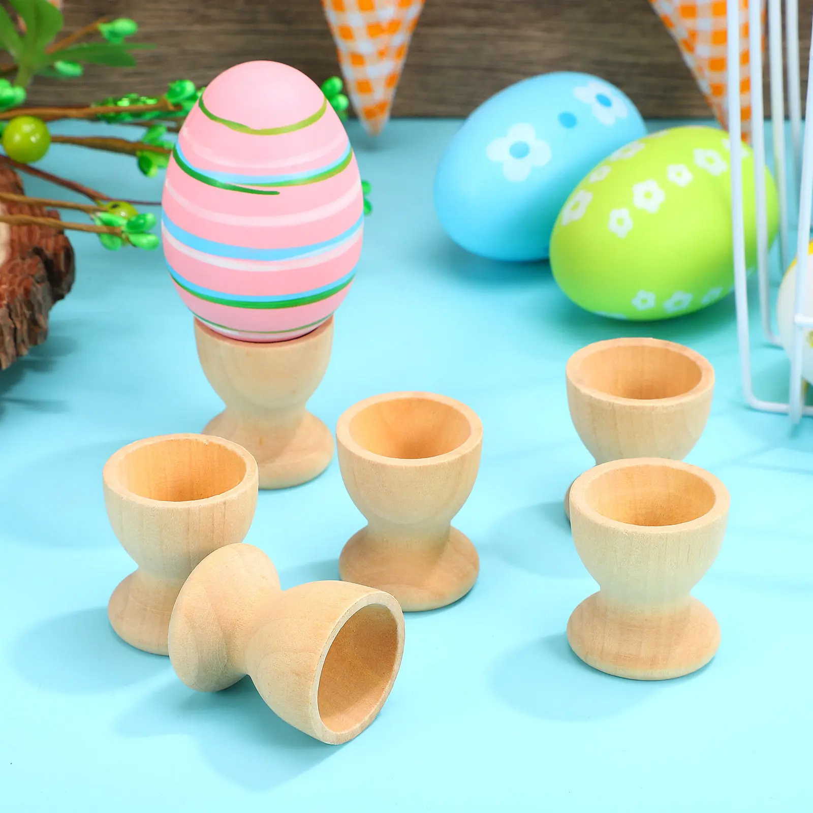 24Pcs Wooden Easter Egg Holders DIY Cup Shaped Stands Natural Material Painted Egg Cup Kitchen Dining Room Decoration