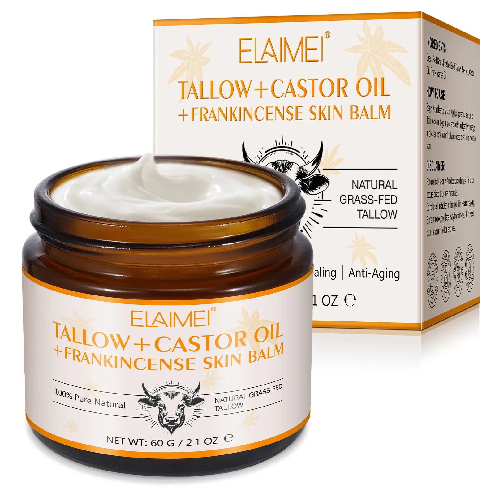 Grass-Fed Beef Tallow Balm with Castor Oil & Frankincense | Natural Skin Barrier Repair, Anti-Aging & Healing Moisturizer | 60g