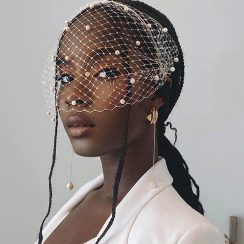 

JM20 Pearl Veil for Face Women's Hat for Wedding Bride Headwear Bridal Fascinator Hair Ornament Birdcage Veil Pearl Headpiece
