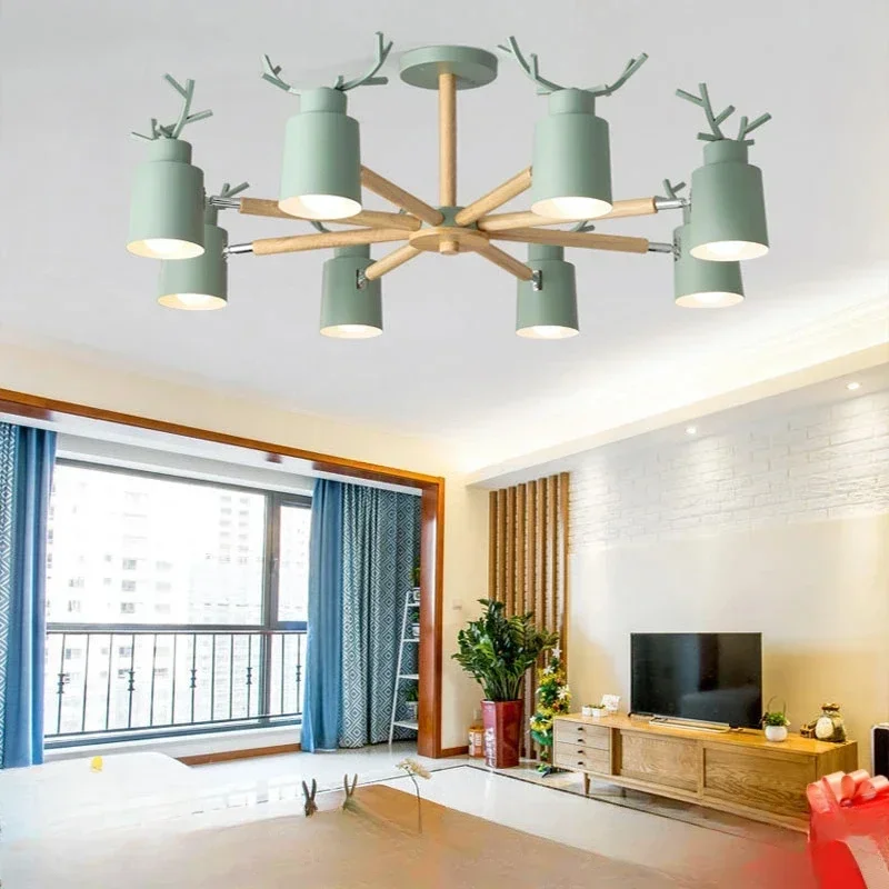 Scandinavian Deer Design Log Chandelier E27 Pendant Light for Living Room Bedroom Kitchen Ceiling Lighting