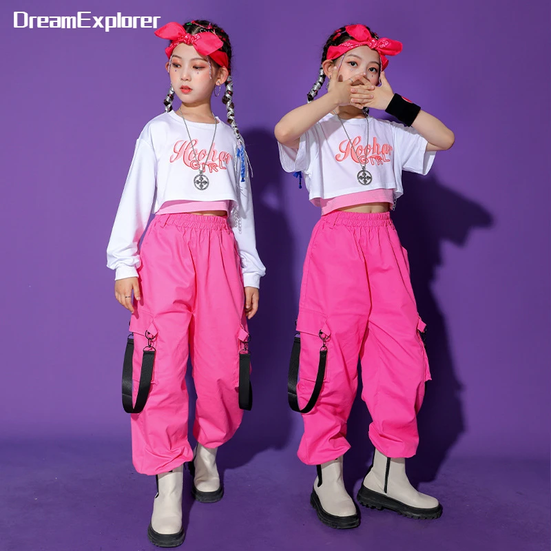 Hip Hop Girls Crop Top Pink Cargo Pant Kids Sweatshirt Street Dance Clothes Sets Child Jazz Sweet Outfit Teen Streetwear Costume