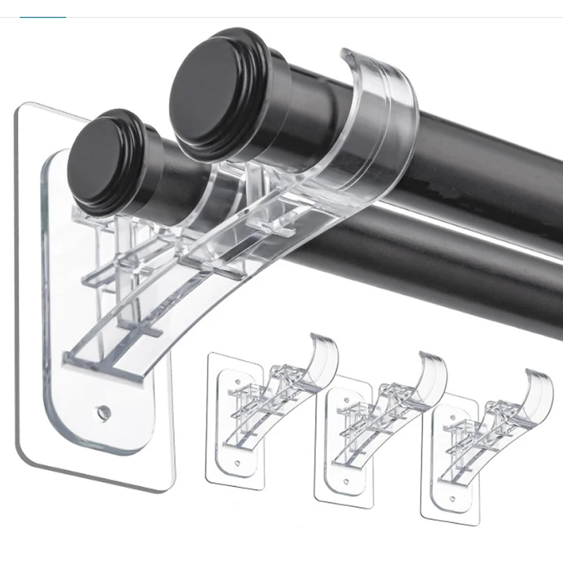 4Pcs Curtain Transparency Rod Holder Brackets Non-drilling Adhesive Double Curtain Rod Bracket Seamless Drapery Pole Support