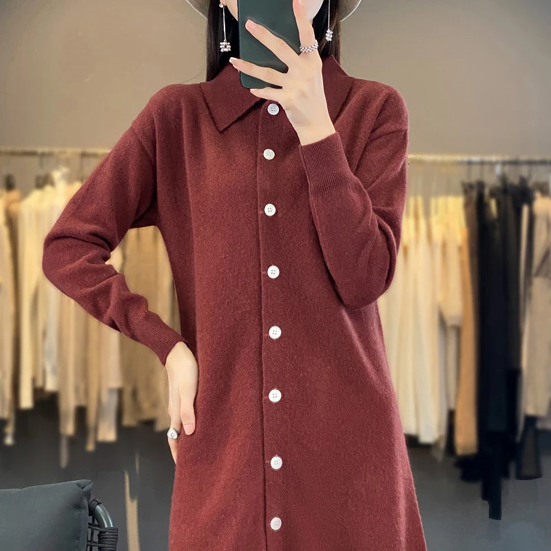 

Medium to Long Knitted Wool Shirt, Women's Lapel Jacket, Paired With Long Sleeved Cardigan, Woolen Skirt, And Woolen Sweater