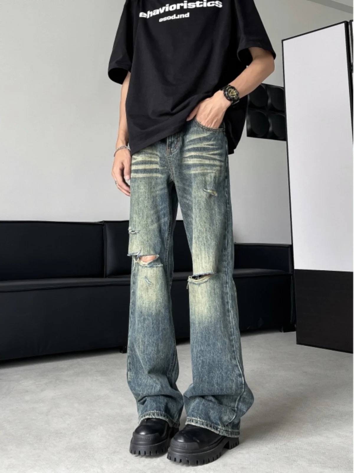 Retro American Hole Denim Jeans Men Summer Thin Micro Flare Straight Leg Long Pants Men's Fashion High-End Feelings Pants