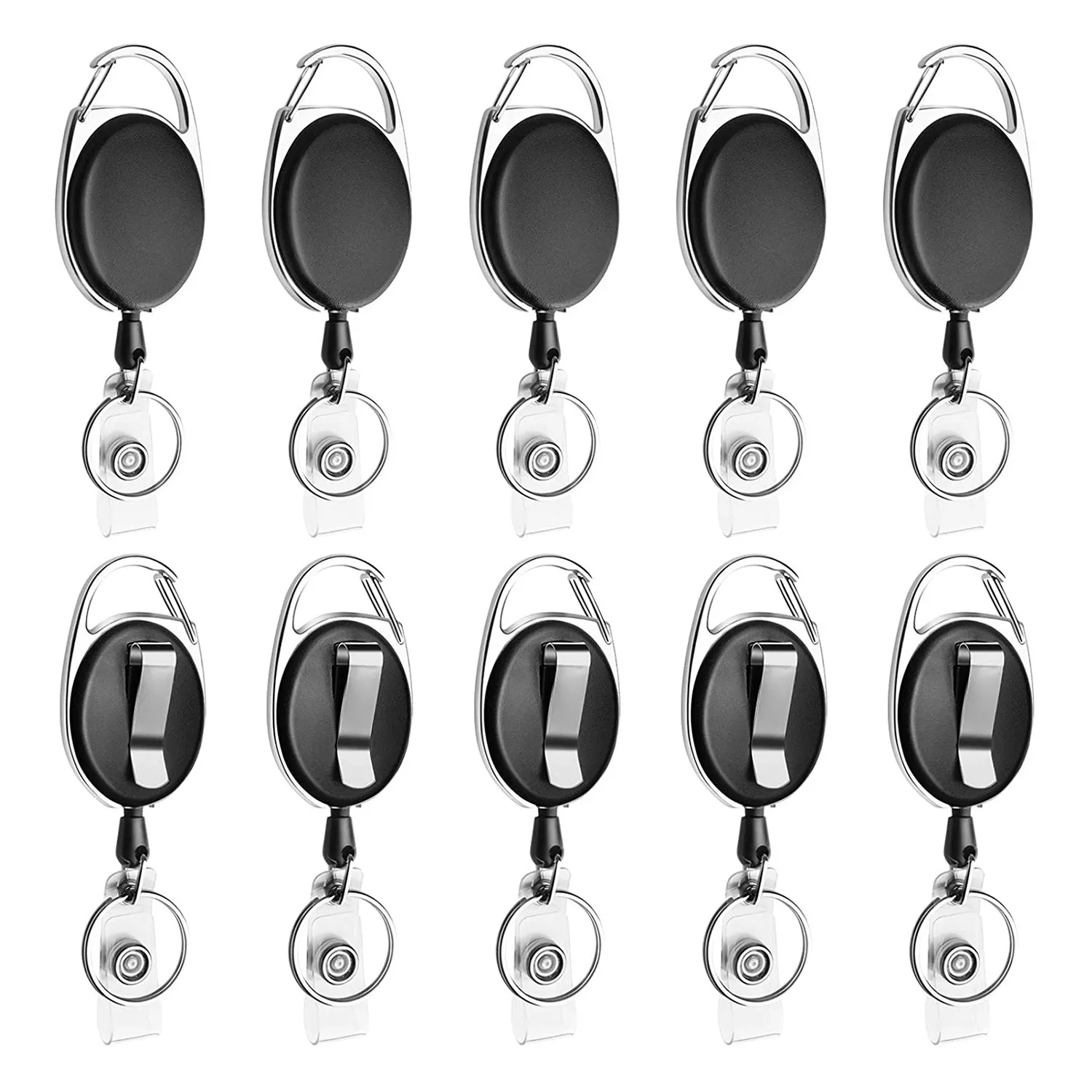 10 Pack Retractable Badge Reel with Carabiner Belt Clip and Key Ring for ID Card Key Keychain Badge Holder Black