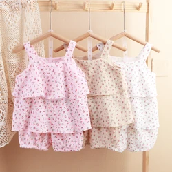 Floral Summer Kids Girl Outfit Set 2Pcs Sling Tops Shorts Muslin Infant Baby Clothes Suit Children Loungewear Kids Home Wear