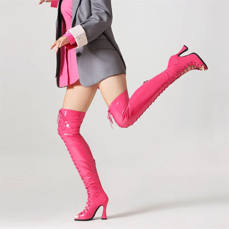 Sexy Over the Knee Boots Women Peep Toe Pink Black Heels Long Thigh High Boot 2024 Spring Summer Dance Shoes Lady Large Size 48
