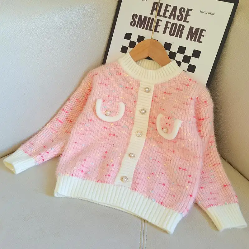 Girls' Sweater Winter New Small Fragrant Style Set Children's Knitted Korean Imitation Mink and Velvet Coat Sweater