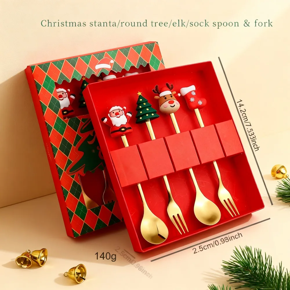 

Gold Stainless Steel Christmas Cutlery Set 4Pcs Fork Spoon Knife Dinnerware with Gift Box for Xmas Party