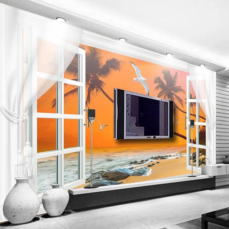 Customized Wallpaper 3D Outside The Window Seascape Sunset Mural Restaurant Hotel Living room TV background seagull tree beach